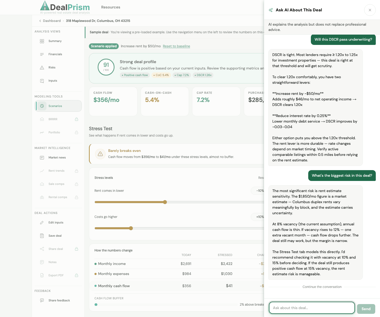 DealPrism sample analysis workspace with the real AI chat overlay open, showing grounded questions and answers about DSCR and the main risk in the deal.