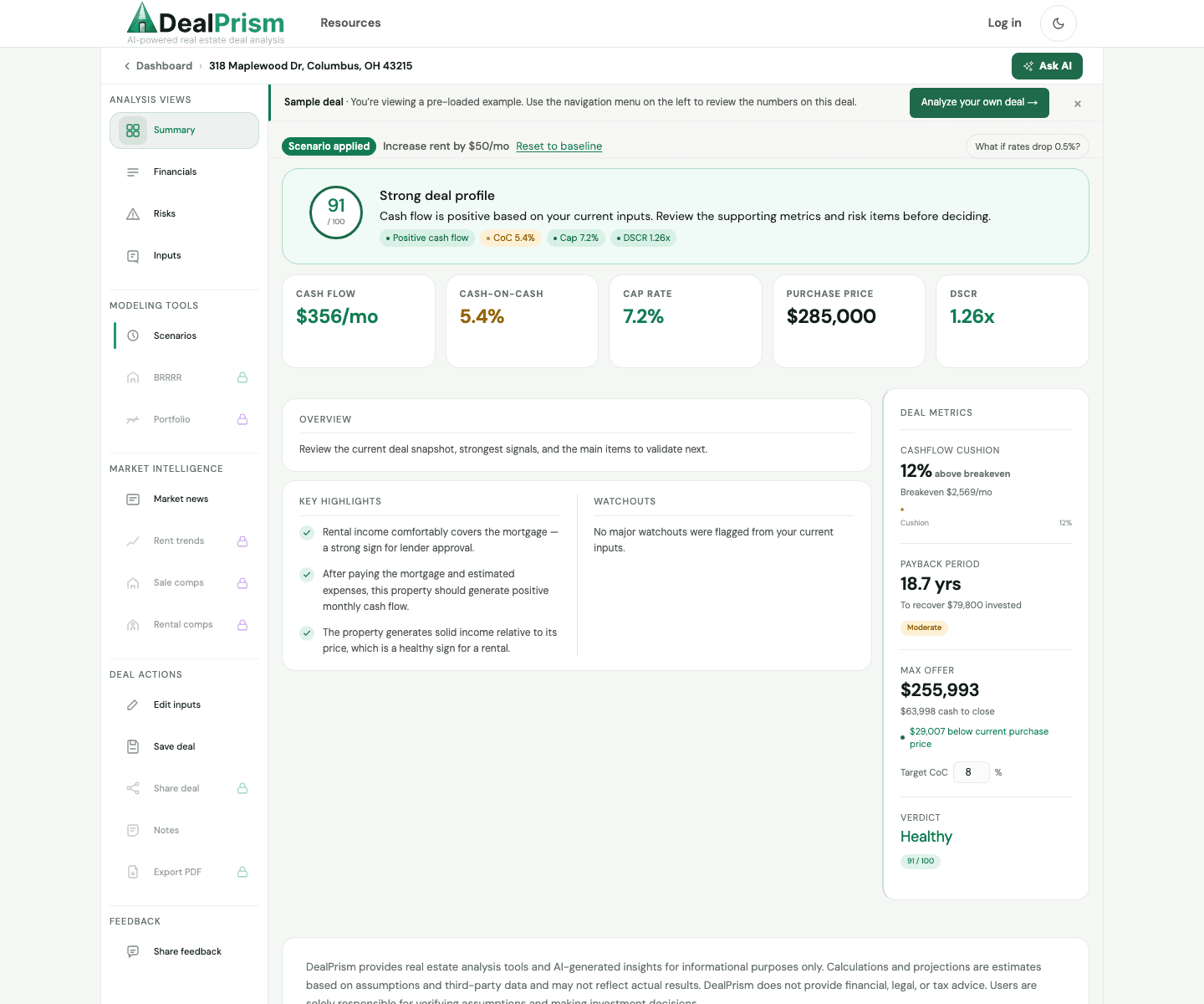 DealPrism sample analysis workspace showing the actual overview screen with the left navigation, verdict band, cash flow, cash-on-cash return, cap rate, purchase price, DSCR, and deal metrics panel.
